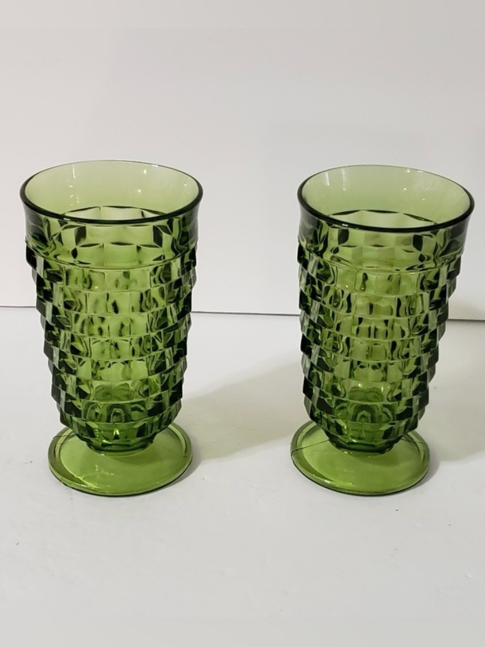 Set of 2 Vintage Indiana Glass Whitehall Textured Cube Footer Tumblers Green